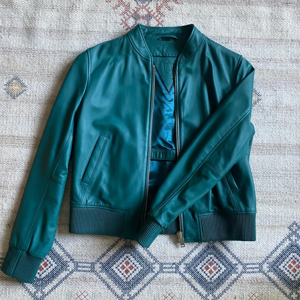 Green leather bomber jacket